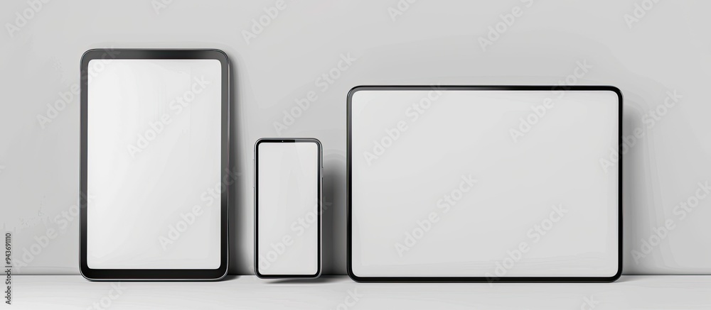 Poster arranged digital tablet and smartphone with empty screens isolated on white. with copy space image. Place for adding text or design