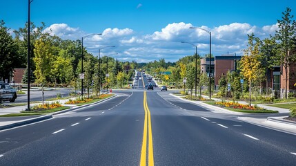 Fototapeta premium Newly paved asphalt road through a bustling urban area, lined with fresh road signs and clean sidewalks, Asphalt Road, Modern infrastructure