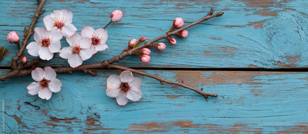 Aufkleber branch with cherry blossoms set against an aged blue wooden background. with copy space image. place