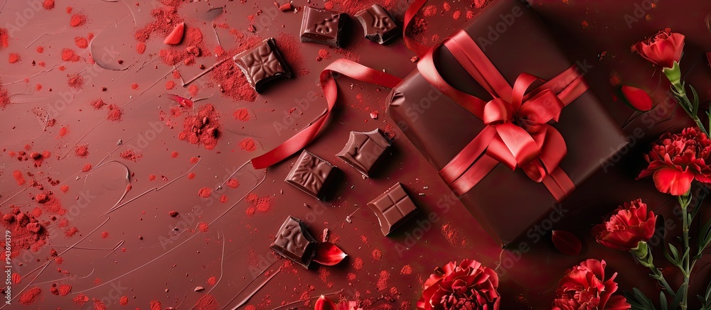 Leinwandbilder chocolate pieces a gift box and carnations. with copy space image. place for adding text or design