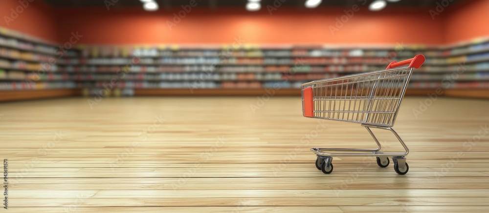 Aufkleber an empty shopping cart with wheels is positioned on a wooden board in front of a blurred supermarket