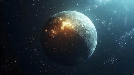 Fototapeta premium A large, cratered moon with a glowing city on its surface.