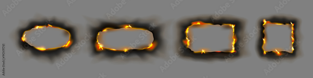 Poster smoldering paper frames in form of various geometric shapes, isolated oval and ellipse, rectangle an
