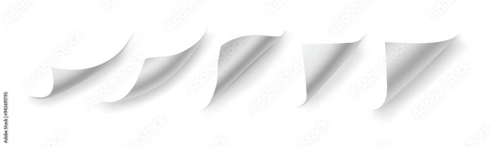 Poster Paper page with curly corners. Vector document rolled borders, realistic 3d sheet bent angle or bookmarks with creased angles. Isolated leaf of magazine, sticker curved endpoints edges set