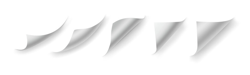 Paper page with curly corners. Vector document rolled borders, realistic 3d sheet bent angle or bookmarks with creased angles. Isolated leaf of magazine, sticker curved endpoints edges set