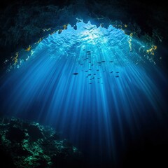 Fototapeta premium Underwater cave with stalactites and fish swimming in the dark illustrating the unique abiotic conditions in subterranean ecosystems
