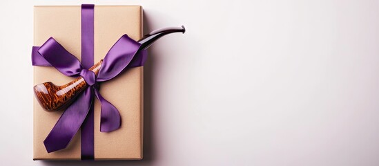 Violet necktie gift box with a white ribbon brown craft paper envelope and smoking tobacco pipe on a white background with copy space Text space available Top view Fashionable style concept