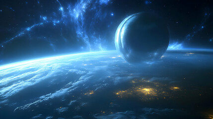 A large, dark, and round planet hangs in the vastness of space. A bright blue planet with clouds and city lights is in the foreground.