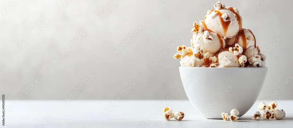 Leinwandbilder Ice cream topped with caramel and popcorn on a white table against a white background. with copy space image. Place for adding text or design
