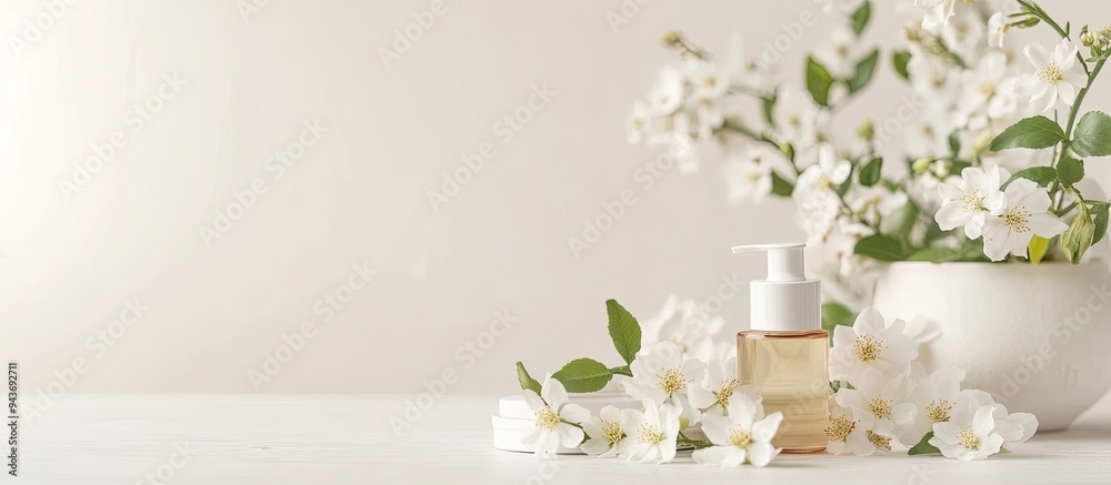 Poster Arrangement of lovely jasmine flowers and skincare items on a white table space for text. with copy space image. Place for adding text or design