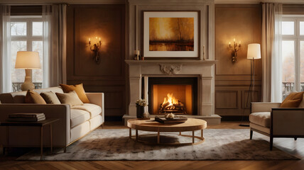 Fototapeta premium living room with fireplace, ai generated