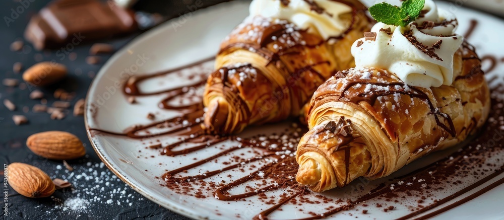 Poster Close up of a chocolate coated puff pastry filled with cream and topped with almonds served on a white plate against a dark background. with copy space image. Place for adding text or design