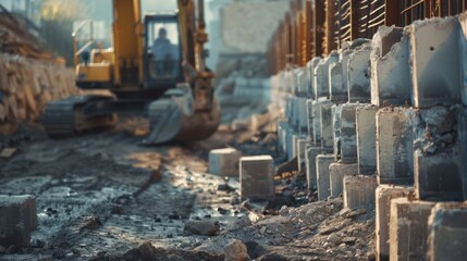 Fototapeta premium Detailed image of a retaining wall under construction, with concrete blocks and earthmoving equipment in place