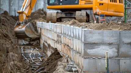 Fototapeta premium Detailed image of a retaining wall under construction, with concrete blocks and earthmoving equipment in place