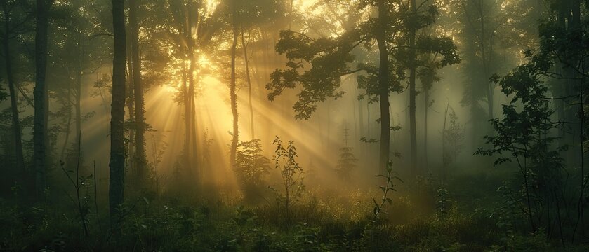 Sunlit forest with golden light filtering through trees showcasing magical woodland and nature's beauty concept