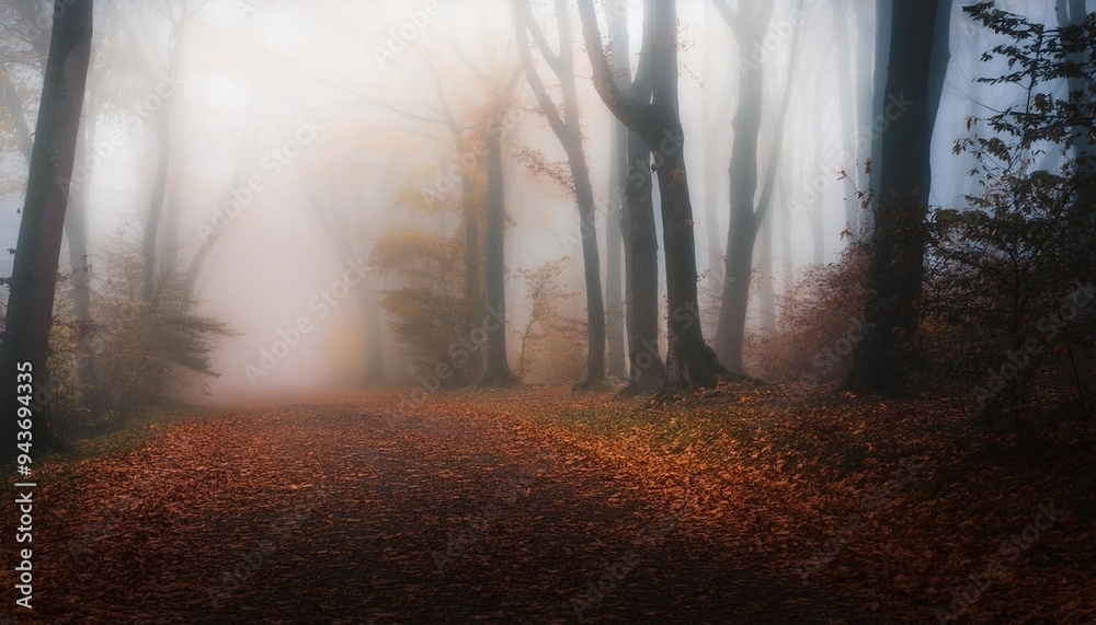 Wall mural beautiful shot of a dark mysterious forest on a foggy day in fall