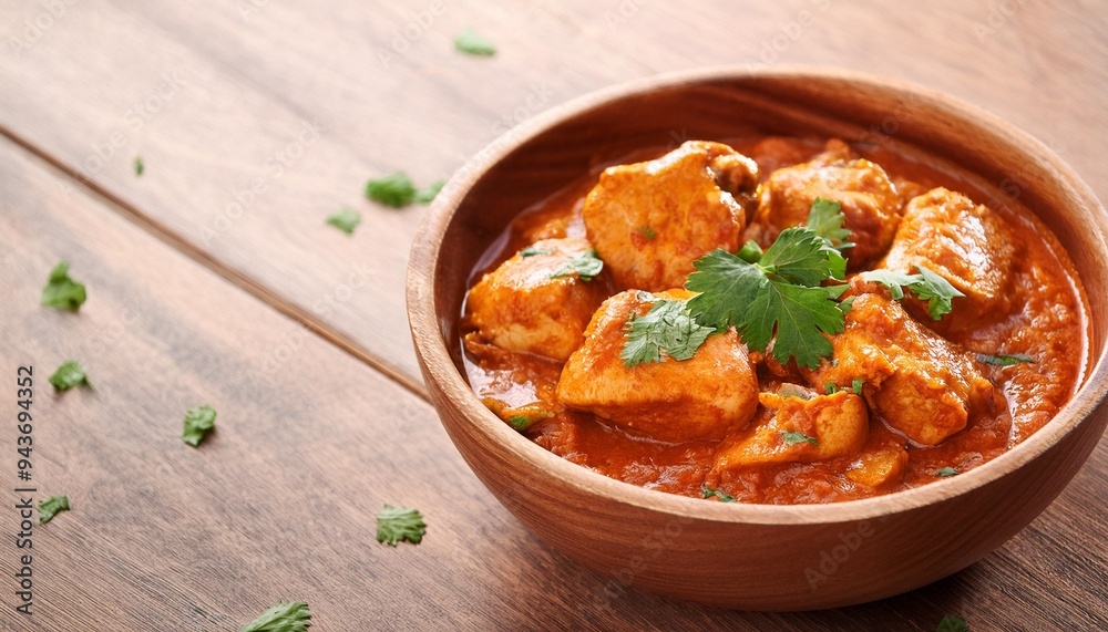 Wall mural spicy chicken tikka masala in bowl wood background