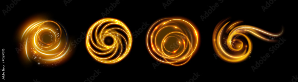 Poster gold twirls, isolated curves with shining particles with light effect of neon. vector luminous spira
