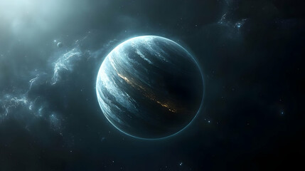 A large, icy planet with a thin atmosphere in deep space.