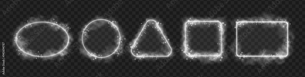 Aufkleber Frames and borders with different geometric shapes. Isolated realistic empty and blank container with copy space and neon smoke effect. Rectangular and squared, triangles and circles with led line