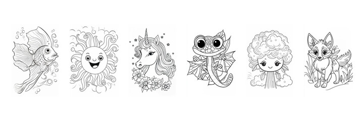 Set of magical creatures for children. Coloring pages.