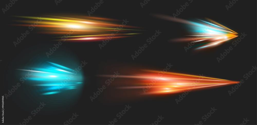 Aufkleber High speed motion blurry trails and dynamic shapes. Vector isolated effects of movement, futuristic flash perspective. Light on roads or street at night. Neon glowing and shining in rapid moment
