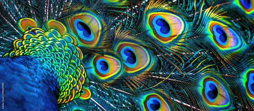 Poster vibrant peacock feathers. with copy space image. Place for adding text or design