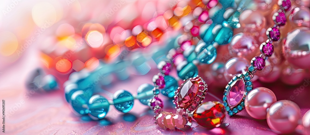 Poster top view of fashion jewelry and accessories set against a bright color background luxurious bijouter