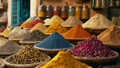 A colorful display of spices is arranged on a table