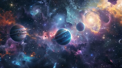 An awe-inspiring cosmic scene featuring vibrant planets and swirling nebulae, showcasing the beauty of the universe's vastness.