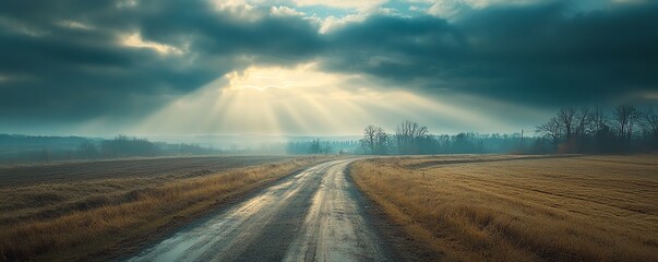 Sunlight breaking through clouds, casting dramatic shadows on an empty asphalt road in the countryside, Asphalt Road, Dramatic natural light