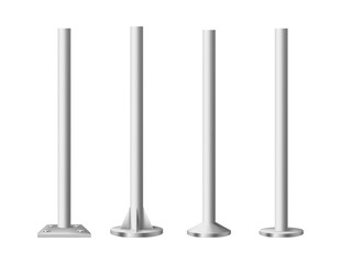 Metal poles. Vector realistic columns. Template design for urban advertising banners. Set of glossy steel pipes various shapes. Chrome pillars for billboard and streetlight or construction