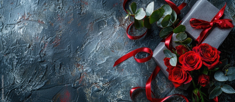 Poster holiday background for valentine s day featuring a bouquet of red roses tied with a red ribbon along