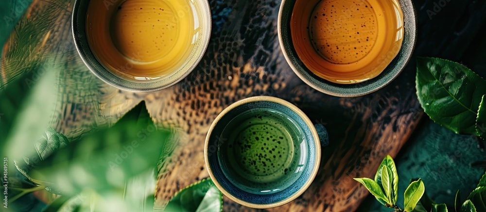 Poster two mugs of green tea viewed from above. with copy space image. Place for adding text or design