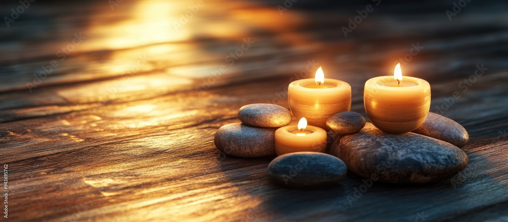 Poster Beautiful arrangement of candles and spa stones on a wooden surface. with copy space image. Place for adding text or design