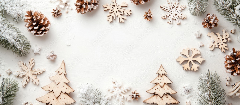 Poster Christmas backdrop featuring a wooden tree decoration snowflakes and pine cones on a white surface Flat lay top view Concept of holiday creativity. with copy space image