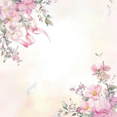 Fototapeta premium Delicate floral design with soft pink flowers and ribbons, perfect for invitations and greeting cards.