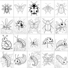 Insects. Set of coloring pages for kids, outlines only, black and white illustrations, high resolution, no shadows, no filling, clear line