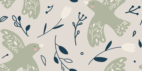 Seamless pattern botanical hand drawn beautiful style ornament with birds. Abstract trendy monochrome print. Fashionable vector template for your design.