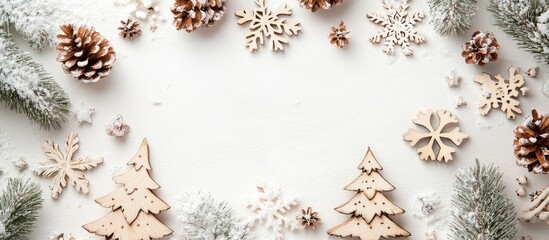 Christmas backdrop featuring a wooden tree decoration snowflakes and pine cones on a white surface Flat lay top view Concept of holiday creativity. with copy space image
