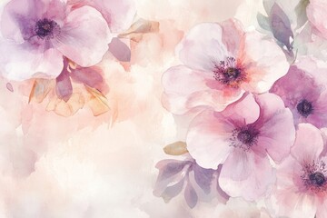 Delicate watercolor flowers in soft pink hues creating a serene and elegant backdrop for various design projects.