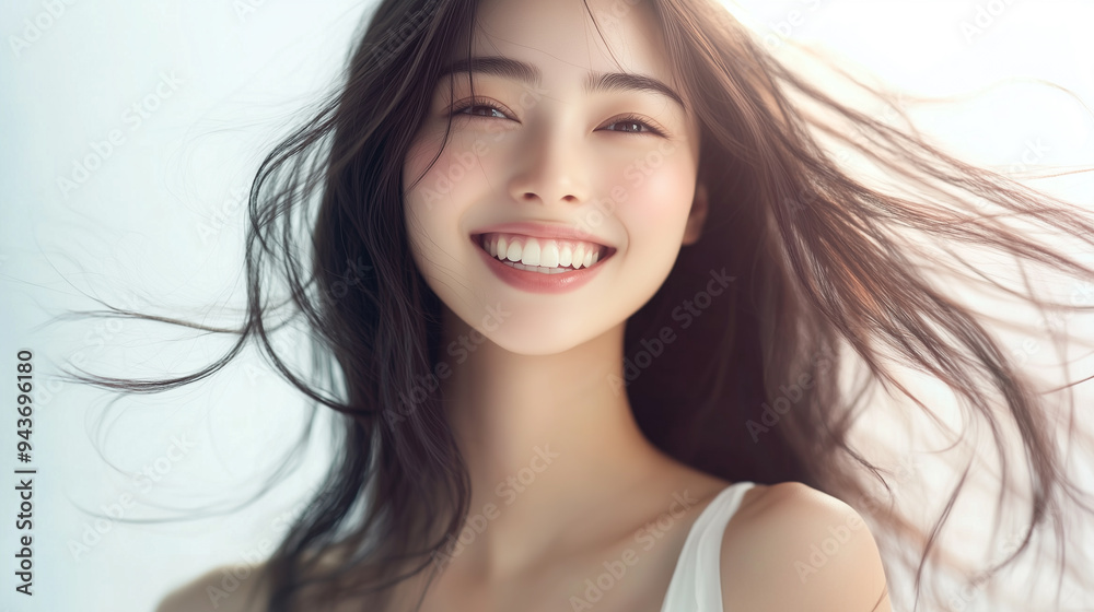 Aufkleber 美肌の若くて綺麗なアジア女性モデル｜笑顔で白い歯が輝く美容ポートレート