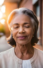 Grateful Senior African American Woman in Spiritual Contemplation, Captured in a Serene Close-Up Portrait, Embracing the Presence of God