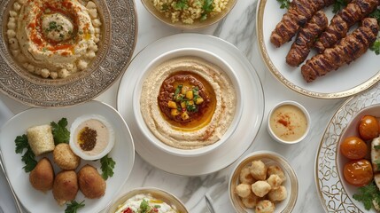 A table with a variety of Arabic food items including hummus, pita bread, and meat skewers