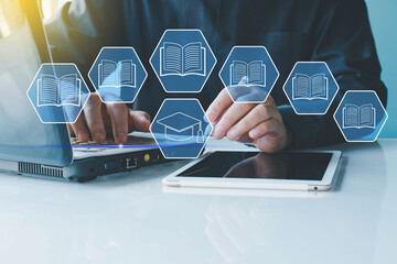 e-library, many e-book icons, electronic books online, knowledge base on internet, digital library or e-library for education concept.