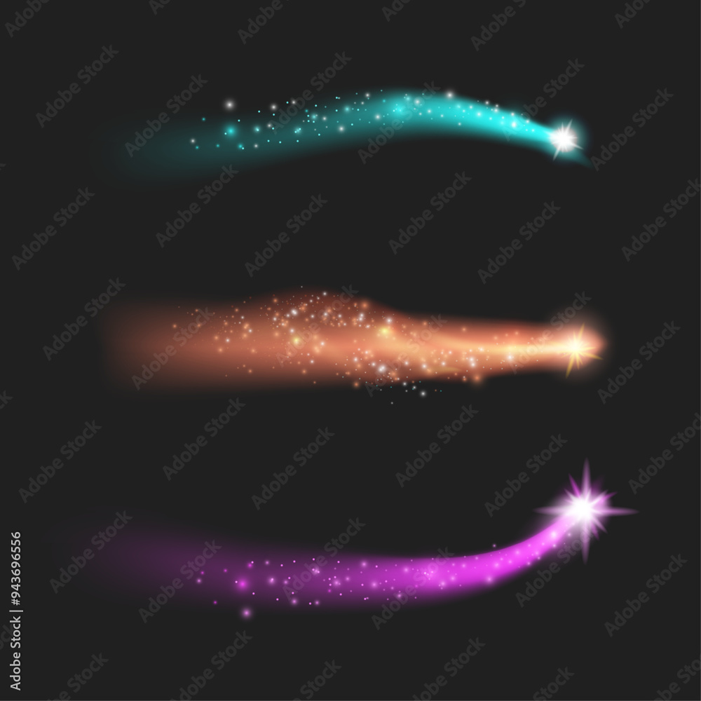 Poster stardust and magic stream of light, tail of comet of shooting star. vector isolated set of cosmic du
