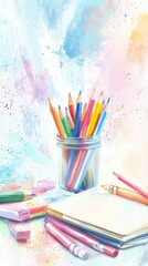 Fototapeta premium Vibrant art supplies in a creative workspace, featuring colored pencils, a sketchbook, and artistic tools for inspiration.