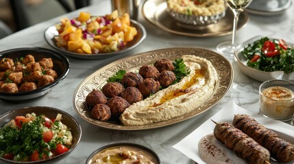 A table full of Arabic food assortment with a variety of dishes including meat, vegetables, and dips