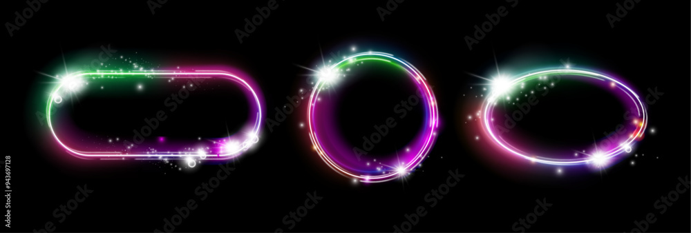 Poster magic neon frames with neon glowing effect. vector isolated set of banner borders, advertisement dec