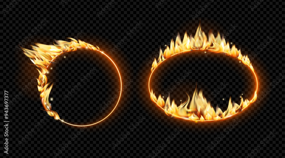 Aufkleber Burning borders with tongues of flame. Vector isolated set of circles with blazing fire. Realistic frames with burning lines, performance or glowing light, game design, fiery hoop or portal